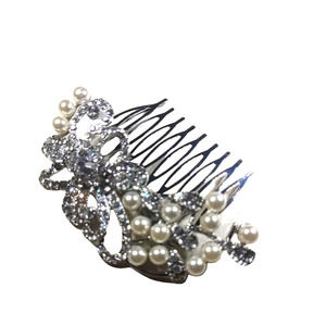 Flower And Ice Hair Comb Silver Tone Clear Rhinestone Faux Pearls Elegant...